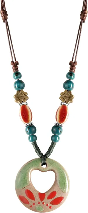 MINACHI Bohemian Colorful Ceramic Bead Nature Floral Charm Pendant Necklace, Vintage Boho Jewelry Gift for Women