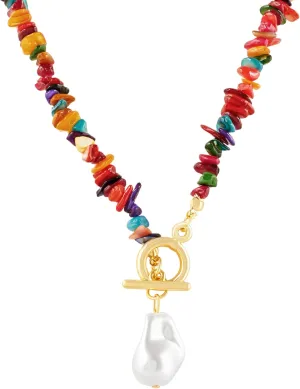 MINACHI Bohemian Colorful Gravel Beads Necklace, Irregular Imitation-Pearl Pendant, Summer Beach Vibe Jewelry for Women