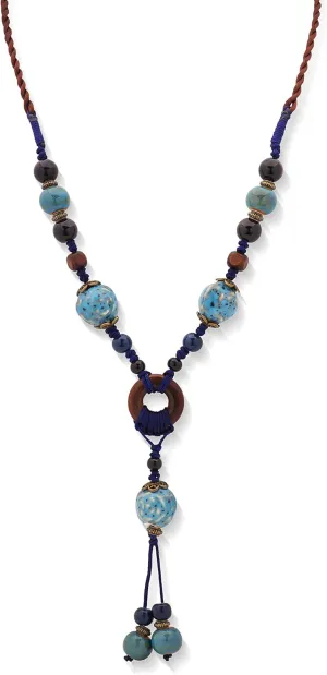 MINACHI Boho Hippie Colorful Ceramic Beads Strand O Ring Circle Charm Long Y Necklace, Vintage Bohemian Statement Jewelry Gift for Women