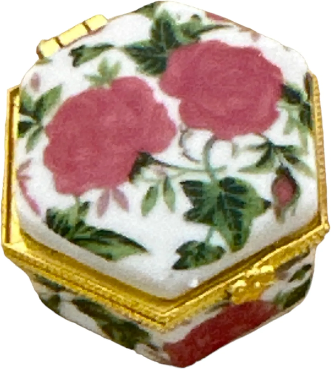 Miniature Porcelain Box with Hinged Lid - Jewelry, Trinkets, Mementos, Keepsakes - Arrives in Velvet Drawstring Bag (Pink, Vintage)