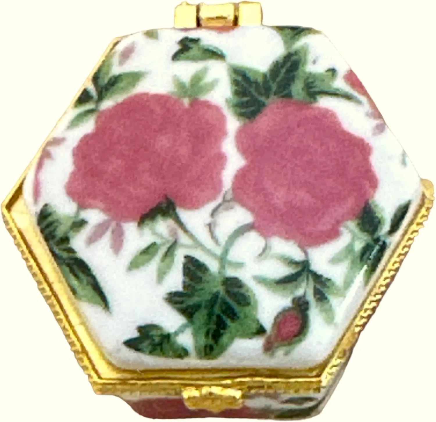Miniature Porcelain Box with Hinged Lid - Jewelry, Trinkets, Mementos, Keepsakes - Arrives in Velvet Drawstring Bag (Pink, Vintage)