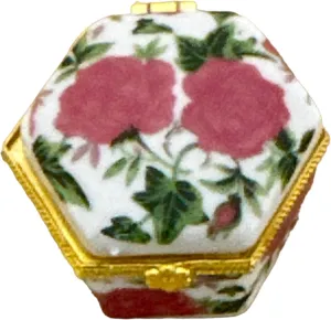 Miniature Porcelain Box with Hinged Lid - Jewelry, Trinkets, Mementos, Keepsakes - Arrives in Velvet Drawstring Bag (Pink, Vintage)