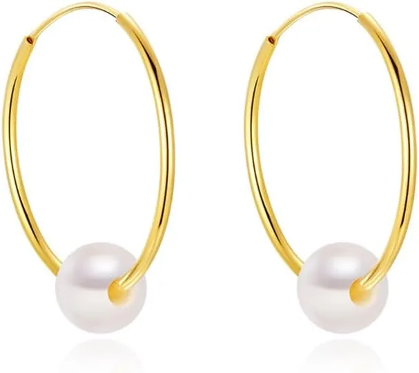 Minimalist Pearl S925 Sterling Silver Hoop Earrings for Women Dainty 14k Gold Plated Lightweight Statement Dangling Huggie Hoops Hypoallergenic Fashion Jewelry Wedding Party Her
