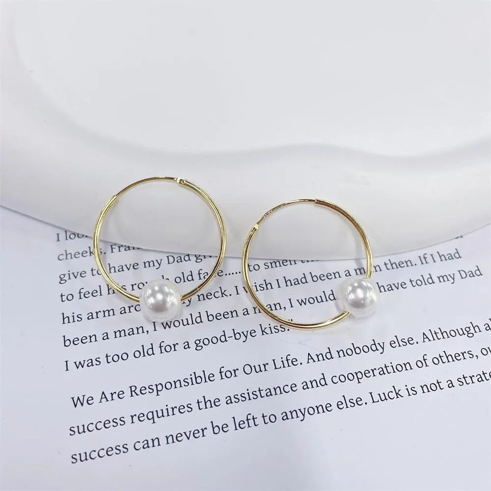 Minimalist Pearl S925 Sterling Silver Hoop Earrings for Women Dainty 14k Gold Plated Lightweight Statement Dangling Huggie Hoops Hypoallergenic Fashion Jewelry Wedding Party Her