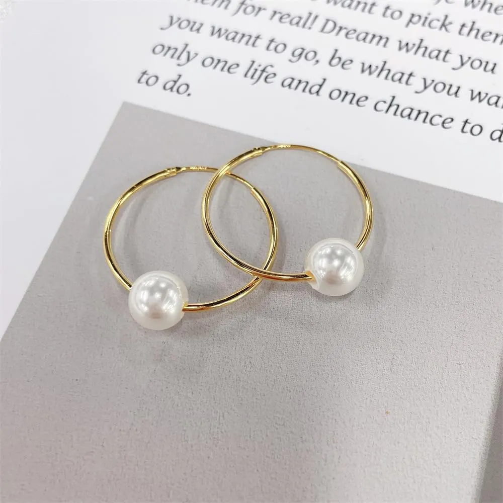 Minimalist Pearl S925 Sterling Silver Hoop Earrings for Women Dainty 14k Gold Plated Lightweight Statement Dangling Huggie Hoops Hypoallergenic Fashion Jewelry Wedding Party Her