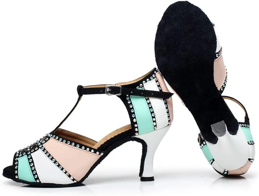 Minishion QJ6211 Women's Color Block Latin Salsa Dance Shoes