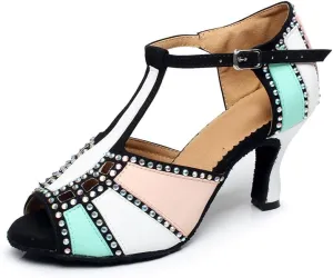 Minishion QJ6211 Women's Color Block Latin Salsa Dance Shoes