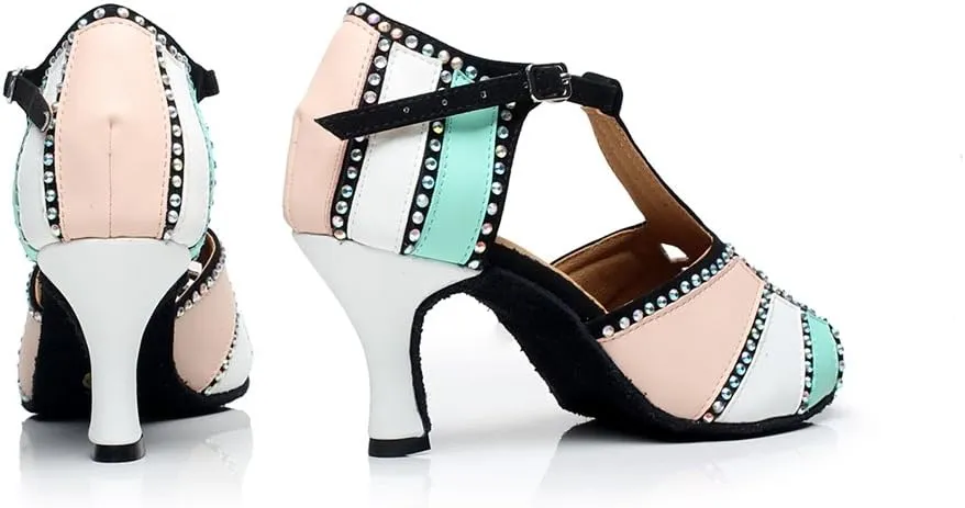 Minishion QJ6211 Women's Color Block Latin Salsa Dance Shoes