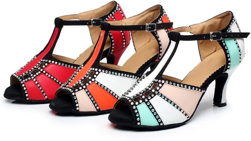 Minishion QJ6211 Women's Color Block Latin Salsa Dance Shoes