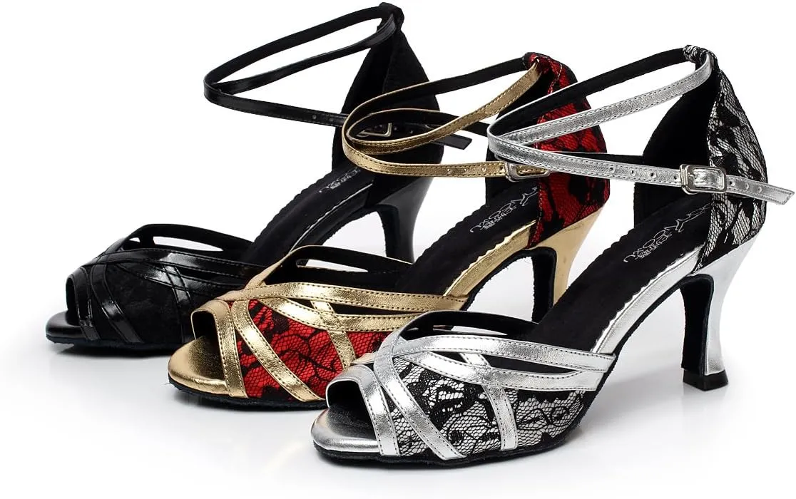 Minishion Women's Style QJ6207 Cross Strap Lace Latin Ballroom Dance Shoes