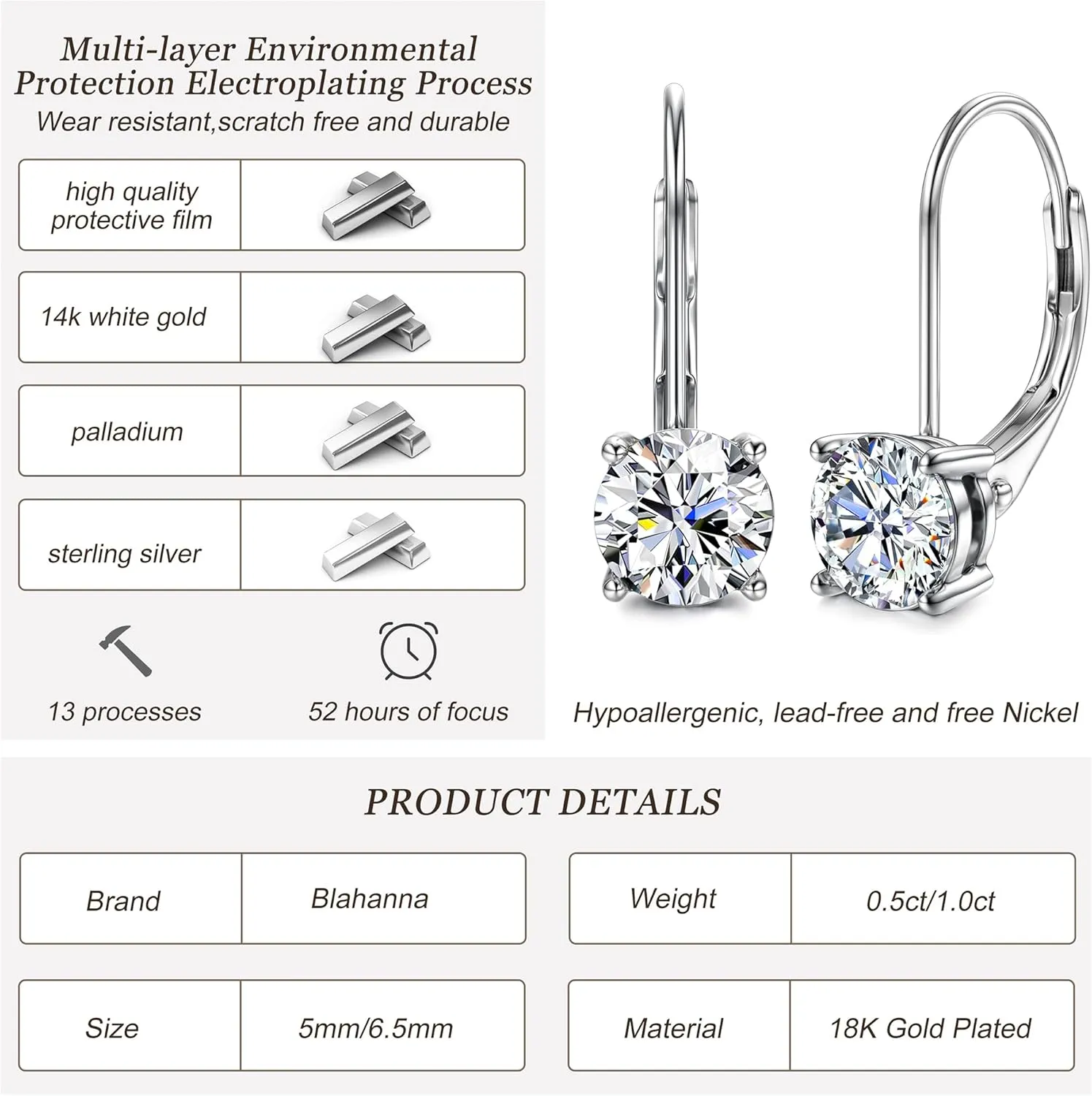 Moissanite Earrings,1.0ct-2.0ct D Color Brilliant Round Cut Lab Created Diamond Earrings 18K White Gold Plated Sterling Silver Dangle Earrings Moissanite Leverback Drop Earrings