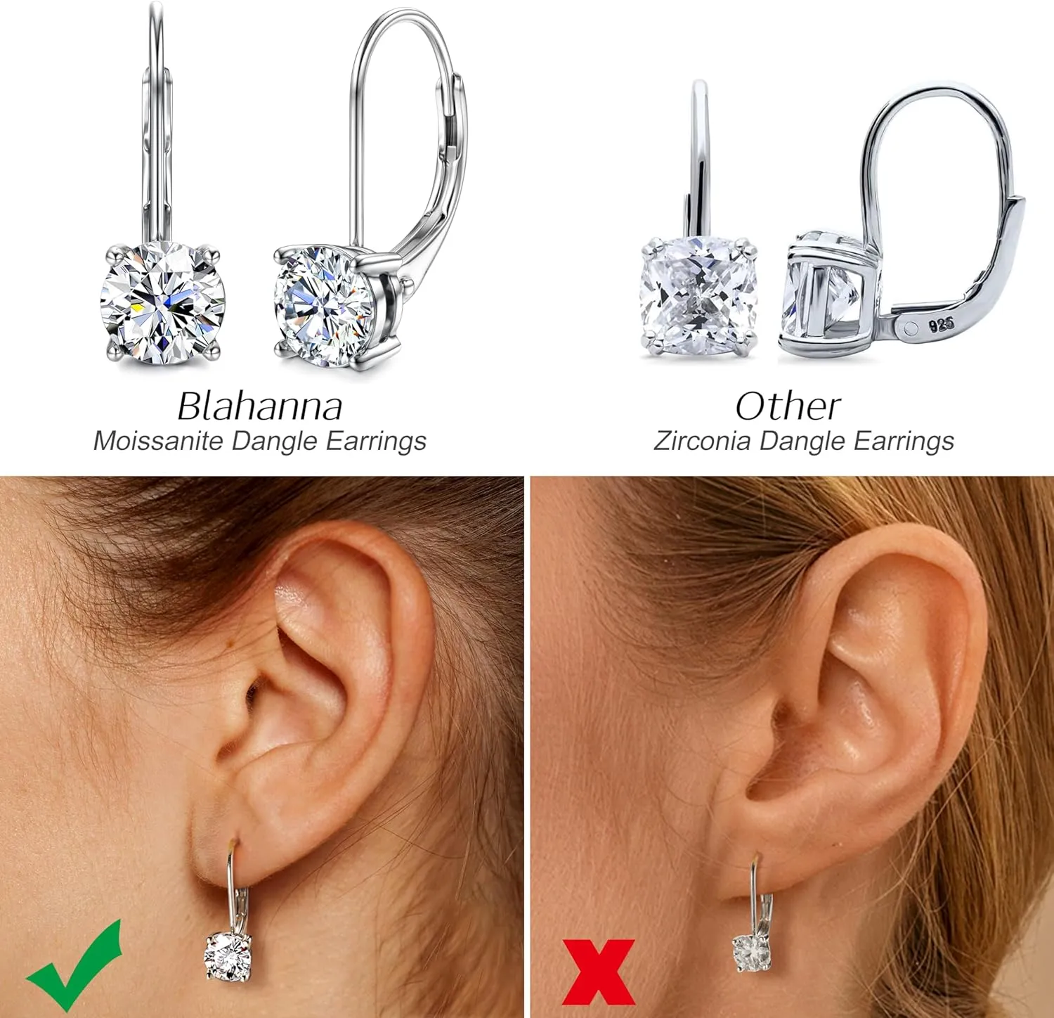 Moissanite Earrings,1.0ct-2.0ct D Color Brilliant Round Cut Lab Created Diamond Earrings 18K White Gold Plated Sterling Silver Dangle Earrings Moissanite Leverback Drop Earrings