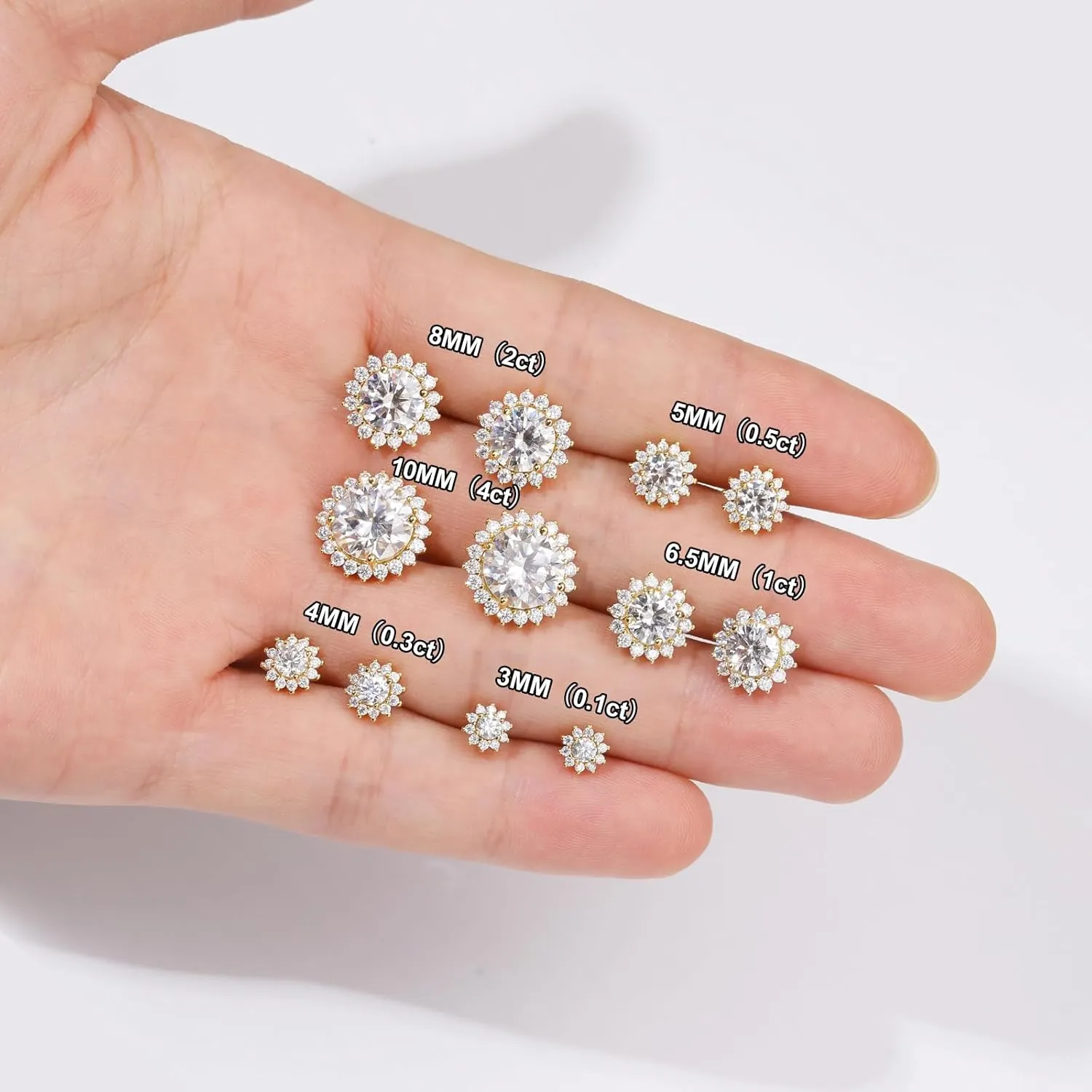 Moissanite Stud Earrings 0.2CT-8.0CT 18K Yellow Gold Plated D Color VVS1 Clarity Brilliant Round Cut S925 Sterling Silver Hypoallergenic Anniversary Day Gifts for Women Men