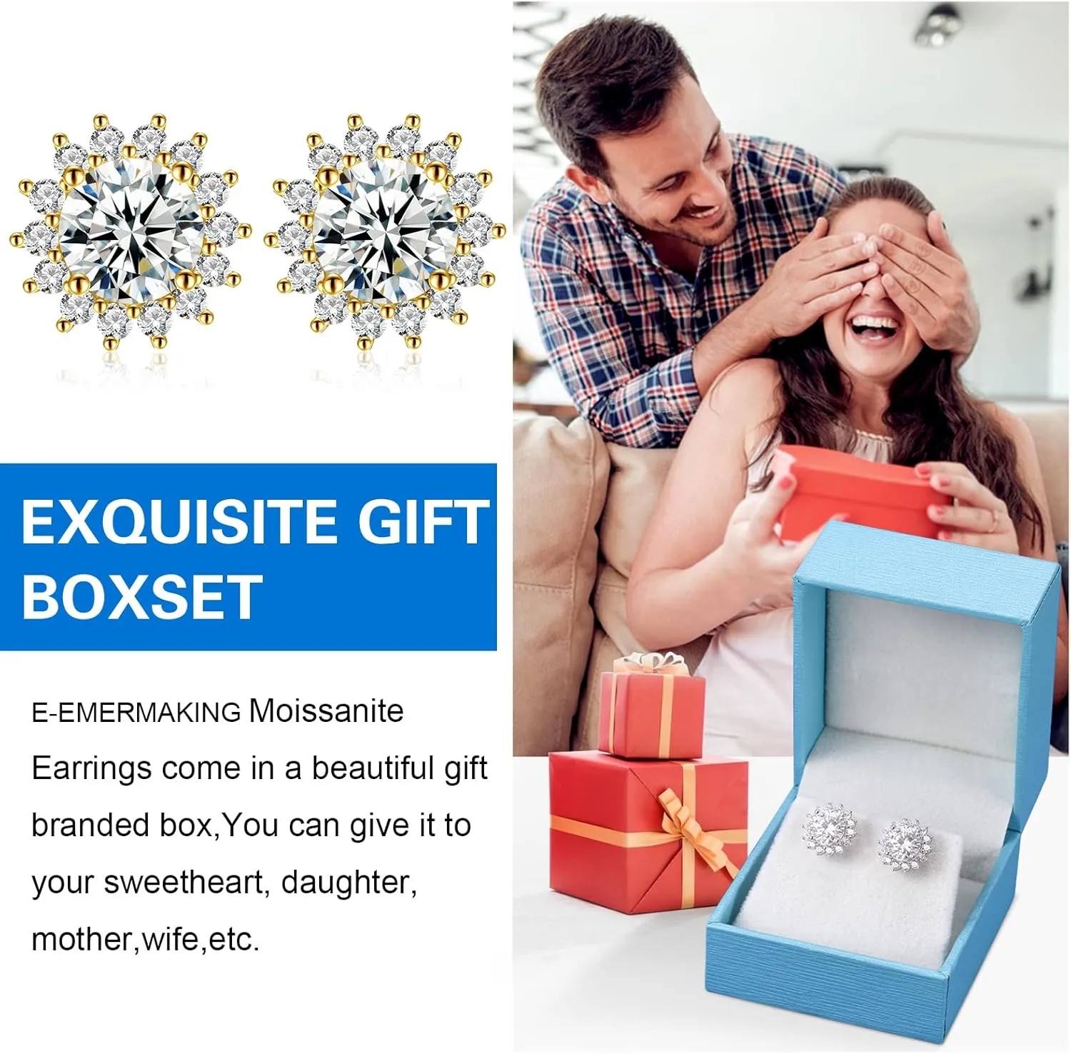 Moissanite Stud Earrings 0.2CT-8.0CT 18K Yellow Gold Plated D Color VVS1 Clarity Brilliant Round Cut S925 Sterling Silver Hypoallergenic Anniversary Day Gifts for Women Men
