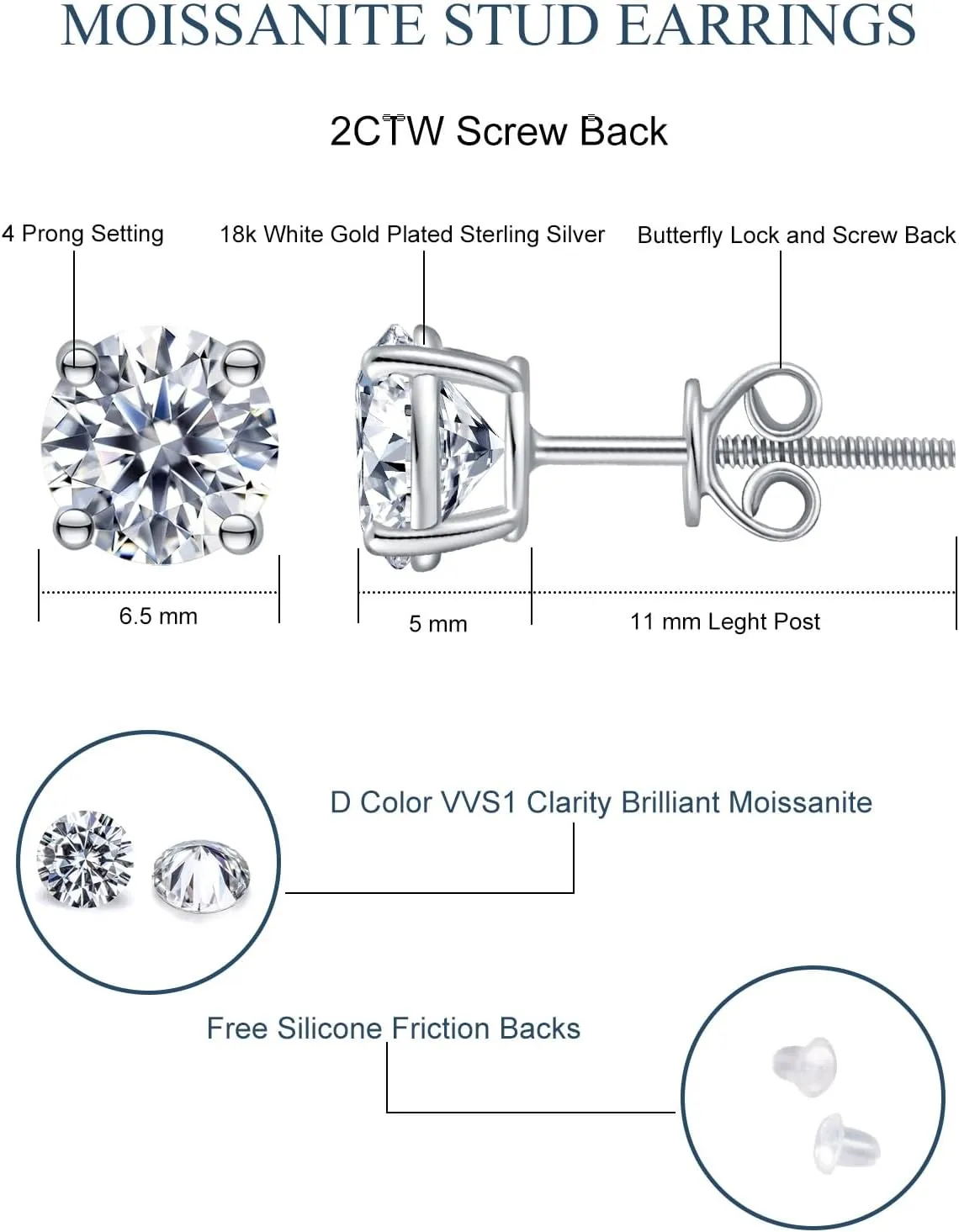 Moissanite Stud Earrings Hypoallergenic 925 Sterling Silver stud Earrings for Women Round Cut D Color VVS1 18K White Gold Plated Lab Created Moissanite Earrings for Women Men 0.3ct-2ct