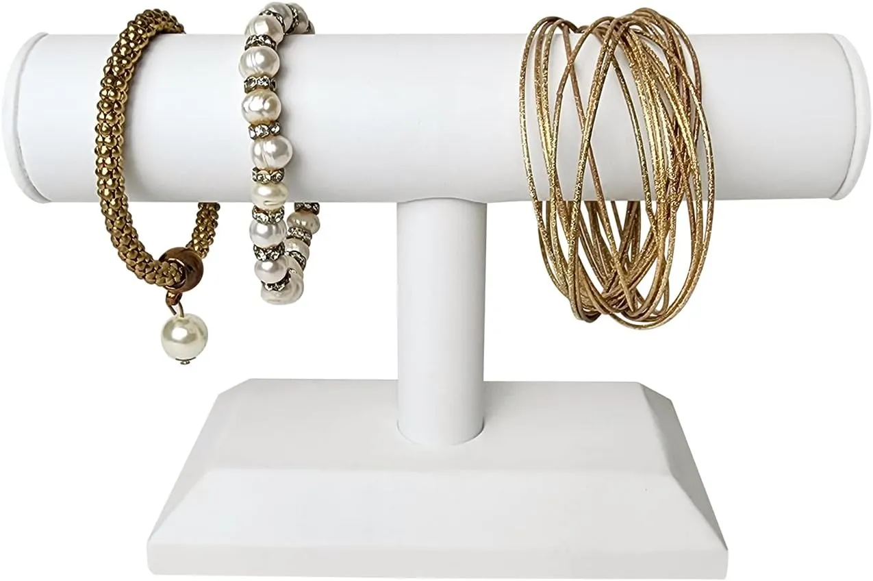 MOOCA 2 Pcs T-Bar Deluxe Wooden Bracelet Holder Display, Watch Hoder, Bracelet Display Stand, Jewelry Stand Organizer, White Leatherette
