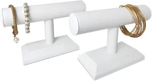 MOOCA 2 Pcs T-Bar Deluxe Wooden Bracelet Holder Display, Watch Hoder, Bracelet Display Stand, Jewelry Stand Organizer, White Leatherette