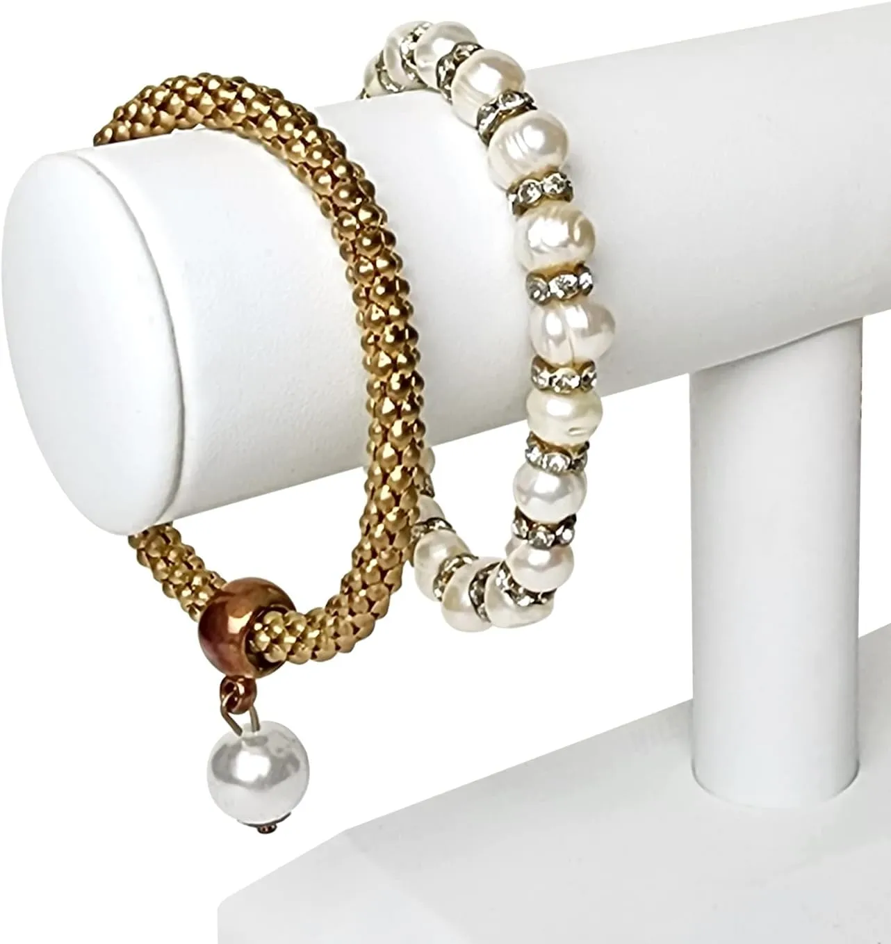 MOOCA 2 Pcs T-Bar Deluxe Wooden Bracelet Holder Display, Watch Hoder, Bracelet Display Stand, Jewelry Stand Organizer, White Leatherette