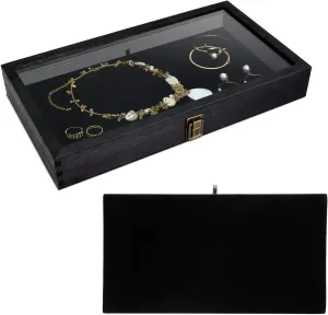 MOOCA Wooden Jewelry Display Case, Pocket Knife Display Case with Tempered Glass Top Lid and Removable Black Luxurious MDF Velvet Jewelry Pad, Black Color
