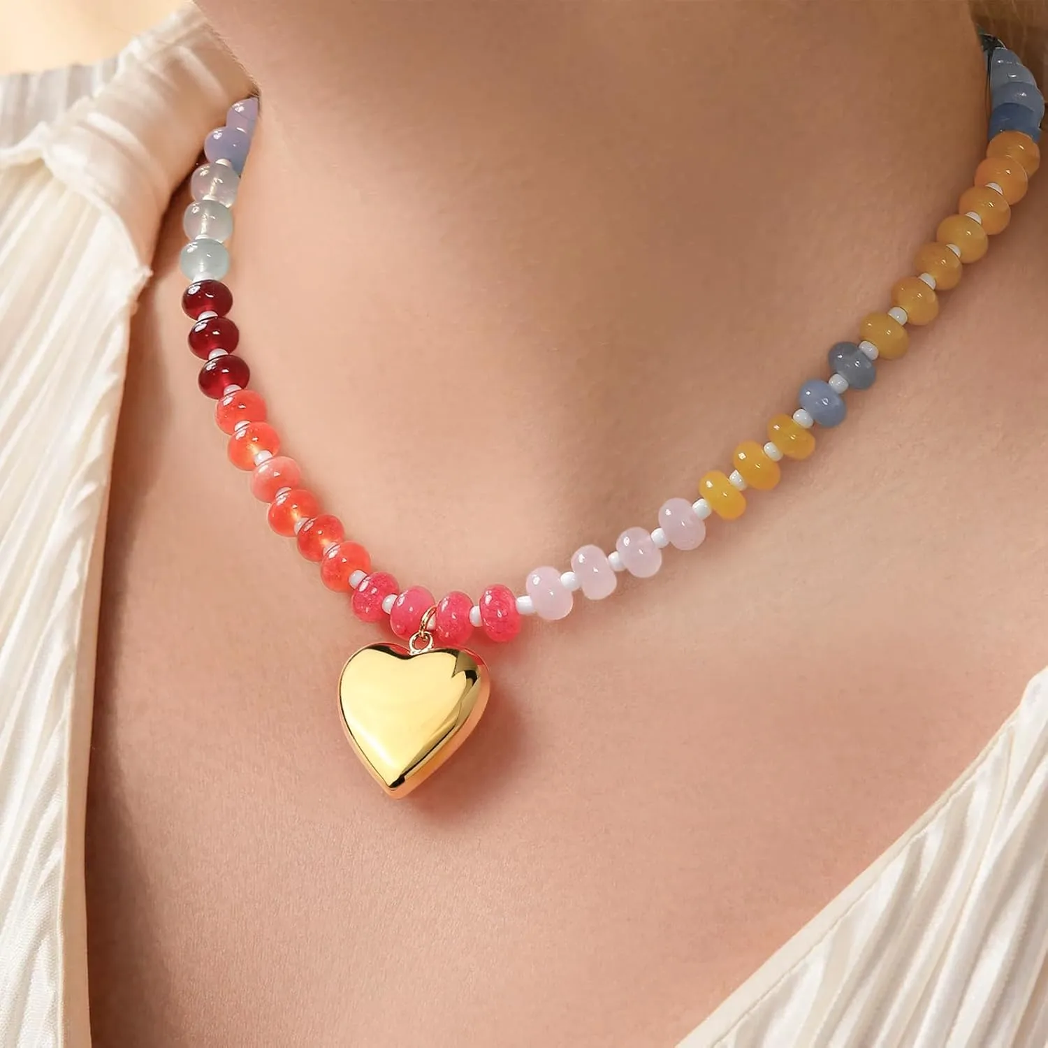 Moonrise Soul Beaded Necklace for Women, Natural Stone Colorful Gemstone Boho Choker 18K Gold Plated 100% Pure Handmade Jewelry Gifts for Her