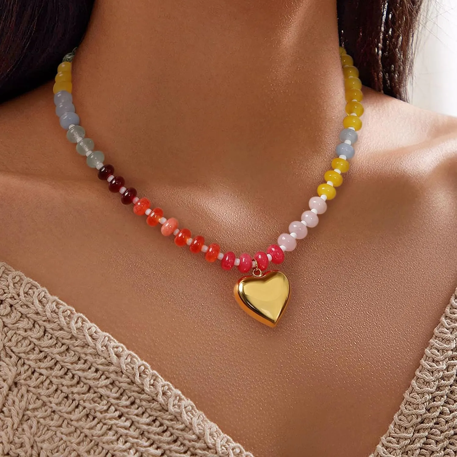 Moonrise Soul Beaded Necklace for Women, Natural Stone Colorful Gemstone Boho Choker 18K Gold Plated 100% Pure Handmade Jewelry Gifts for Her