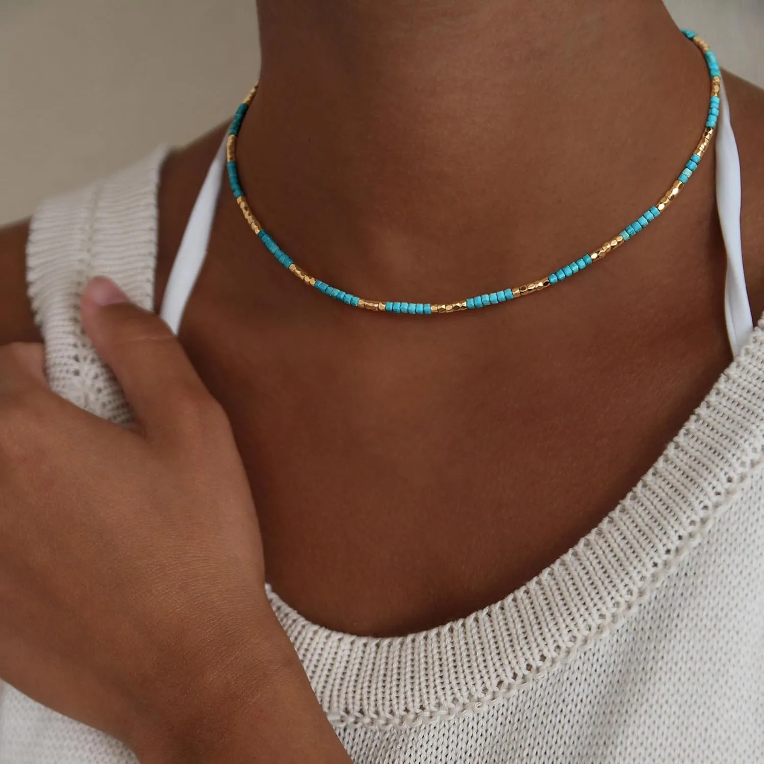 MYEARS Women Beaded Choker Necklace Gemstone 14K Gold Plated Simple Dainty Handmade Chain Everyday Trendy Jewelry