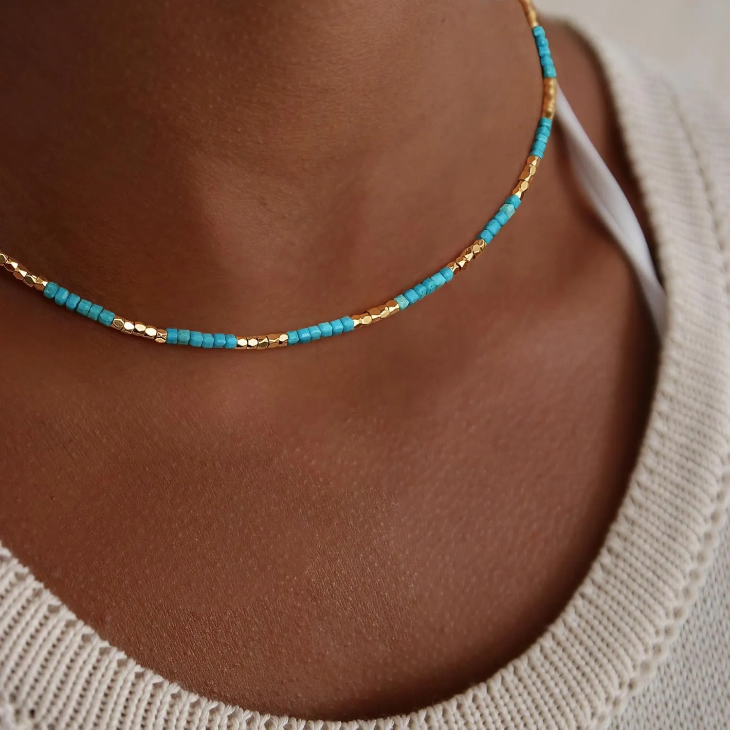 MYEARS Women Beaded Choker Necklace Gemstone 14K Gold Plated Simple Dainty Handmade Chain Everyday Trendy Jewelry
