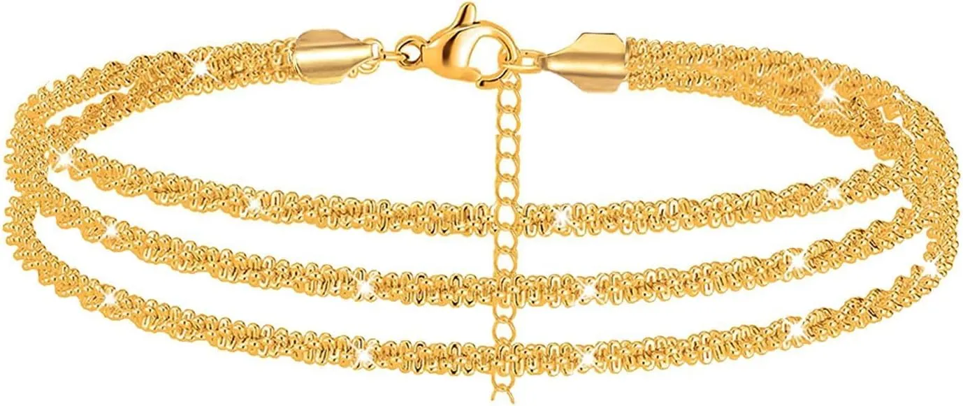 Nanafast Women's Ankle Bracelets, Sparkling Multi-layer Anklet Bracelets for Women, Adjustable Shiny Gold/Silver Anklets for Women, Beach Cute Anklets Jewelry for Summer