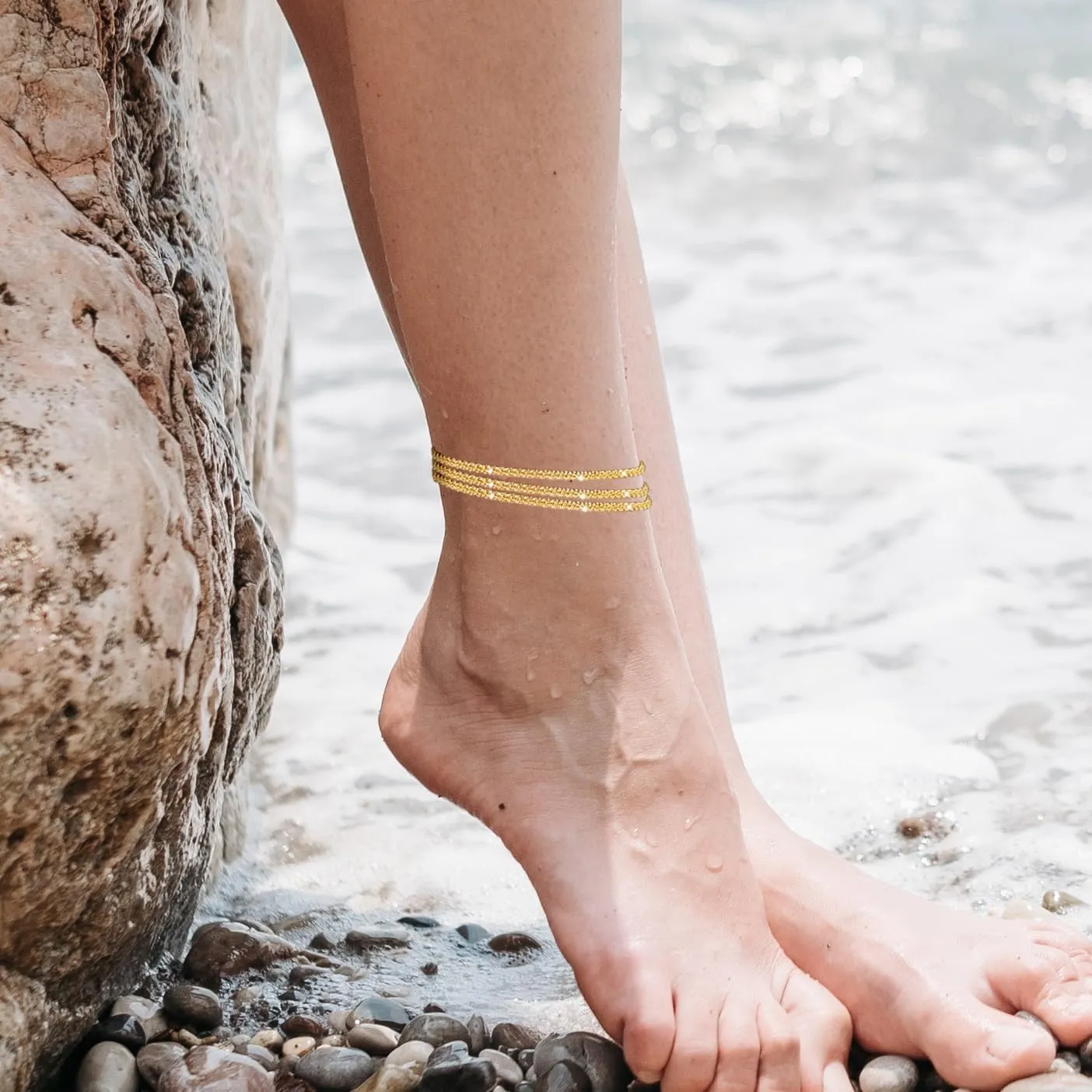 Nanafast Women's Ankle Bracelets, Sparkling Multi-layer Anklet Bracelets for Women, Adjustable Shiny Gold/Silver Anklets for Women, Beach Cute Anklets Jewelry for Summer
