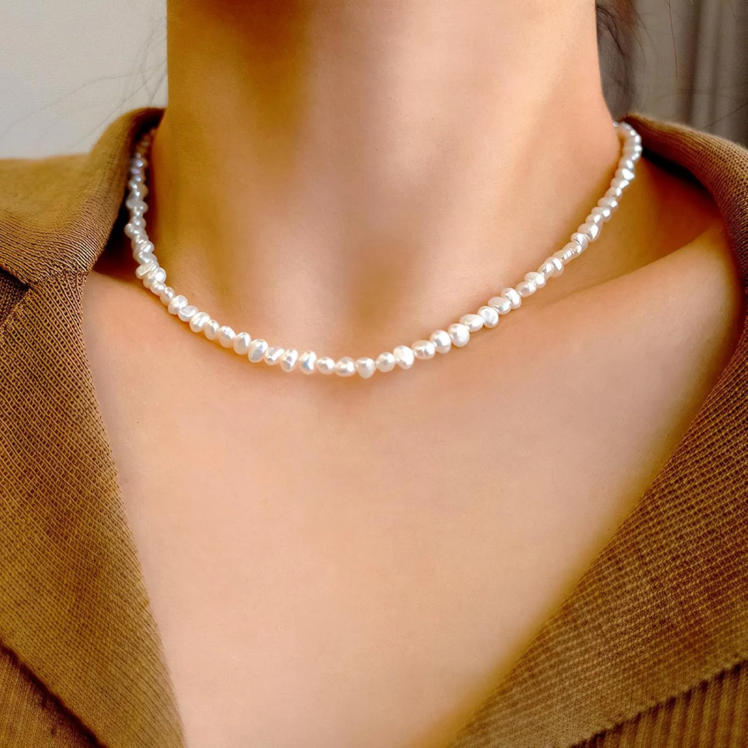 Natural Pearls Choker Necklace for Women Freshwater Baroque Pearl Strand Necklace Chain Cultured Baroque Pearl 925 Sterling Silver Clasp Choker
