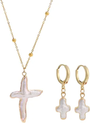 Nature Freshwater Pearl Cross Necklace Earring for Women, Gold Big Cross Pearl Necklace,Baroque Earrings (Gold)