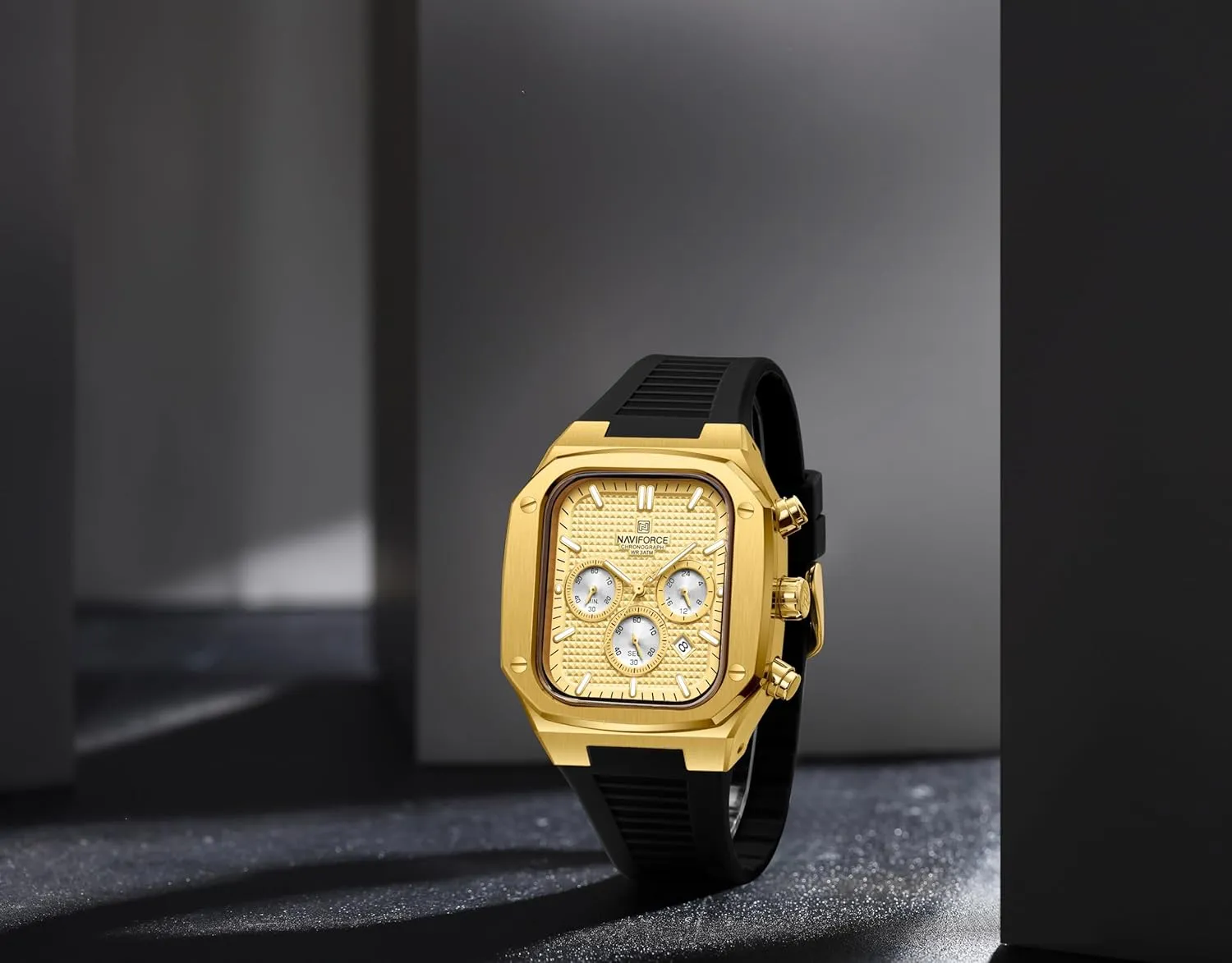 NAVIFORCE Mens Square Chronograph Watch Analog Calendar Quartz Waterproof Watches with Silicone Band for Sports