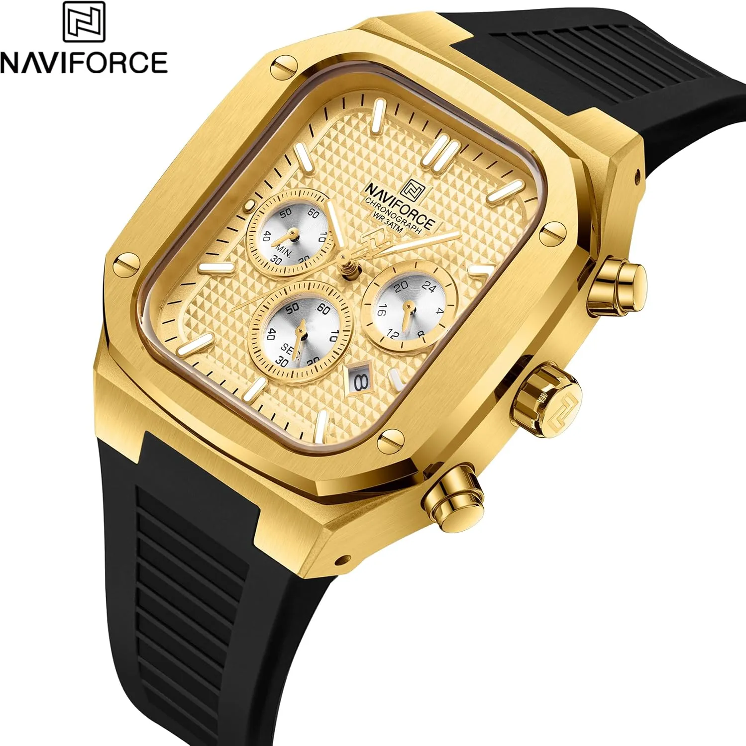 NAVIFORCE Mens Square Chronograph Watch Analog Calendar Quartz Waterproof Watches with Silicone Band for Sports