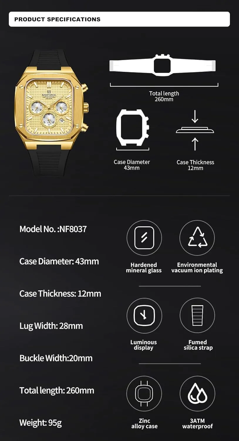 NAVIFORCE Mens Square Chronograph Watch Analog Calendar Quartz Waterproof Watches with Silicone Band for Sports