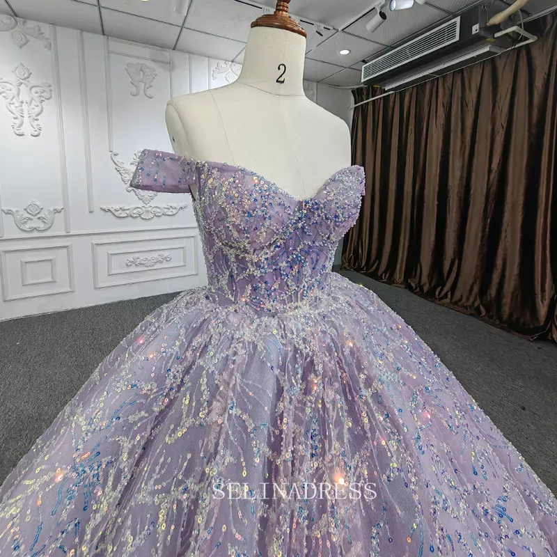 Off Shoulder Ball Gown Sequined Tulle Plus Size Princess Dress Beautiful Pageant Dress DY9944