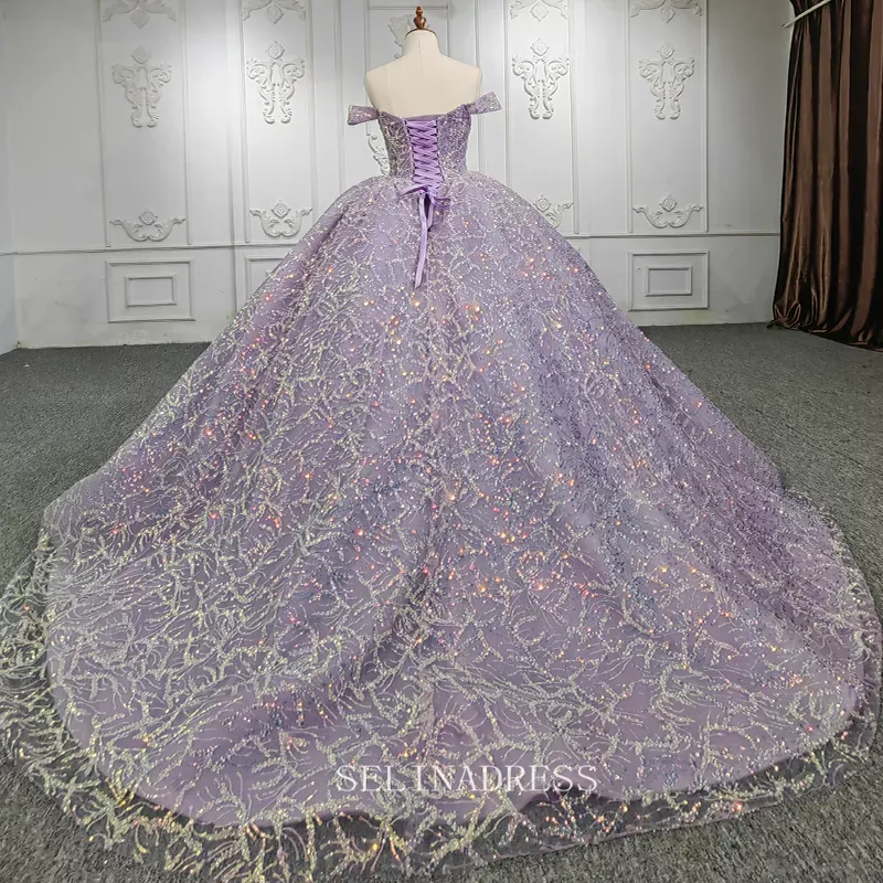 Off Shoulder Ball Gown Sequined Tulle Plus Size Princess Dress Beautiful Pageant Dress DY9944
