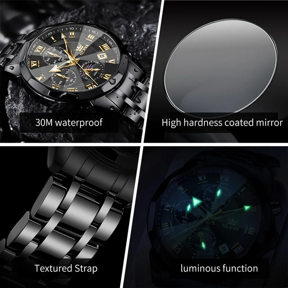 OLEVS Men Watch Business Dress Diamond Luxury Watch Luminous Easy to Read Date Waterproof Stainless Steel Quartz Analog Simple Dress Watch