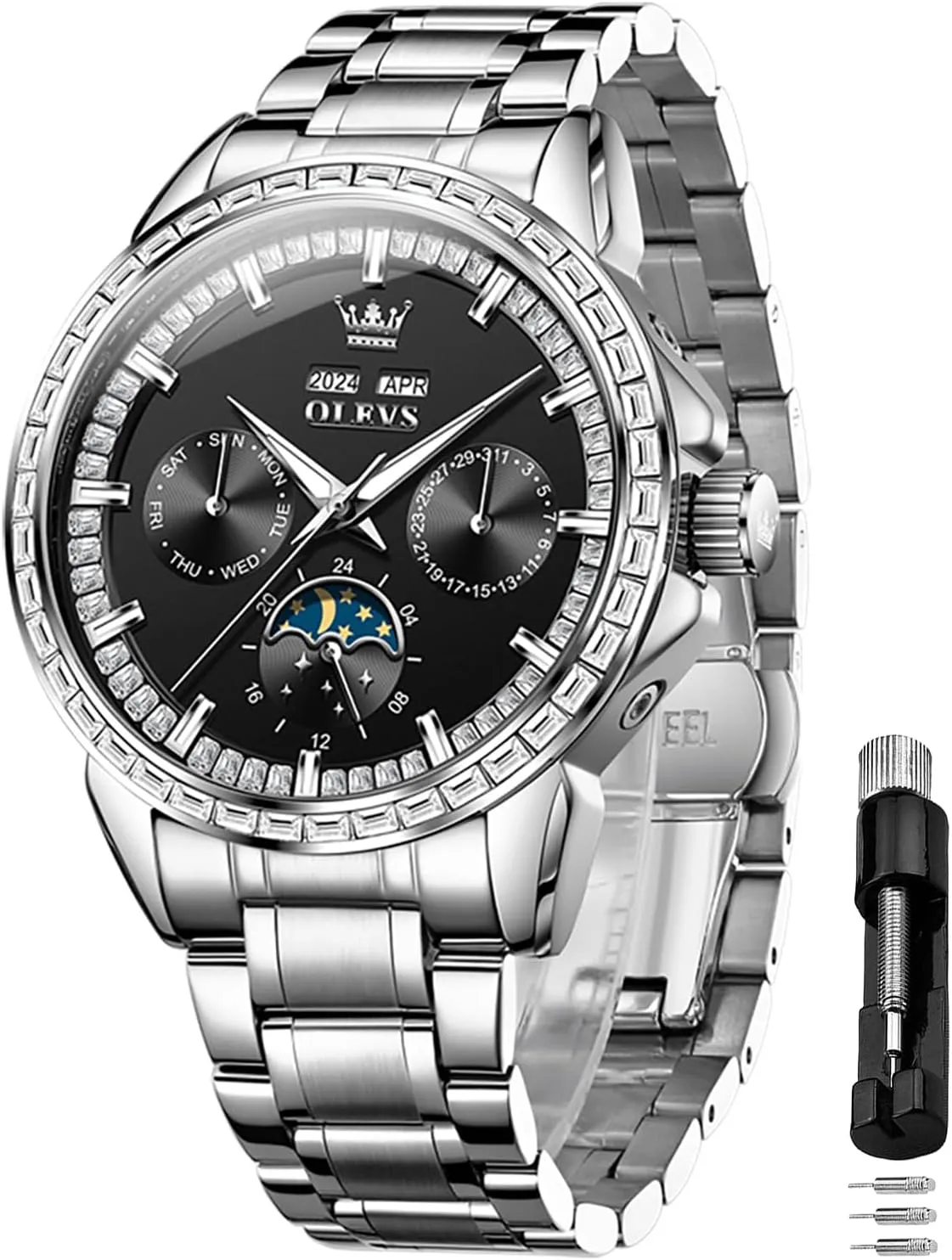 OLEVS Mens Automatic Watch 42MM Diamond Large Dial with Multi-Function Perpetual Calendar Tourbillon Mechanical Winding Watch Stainless Steel 30M Waterproof Luminous Rose Gold Watches Gift