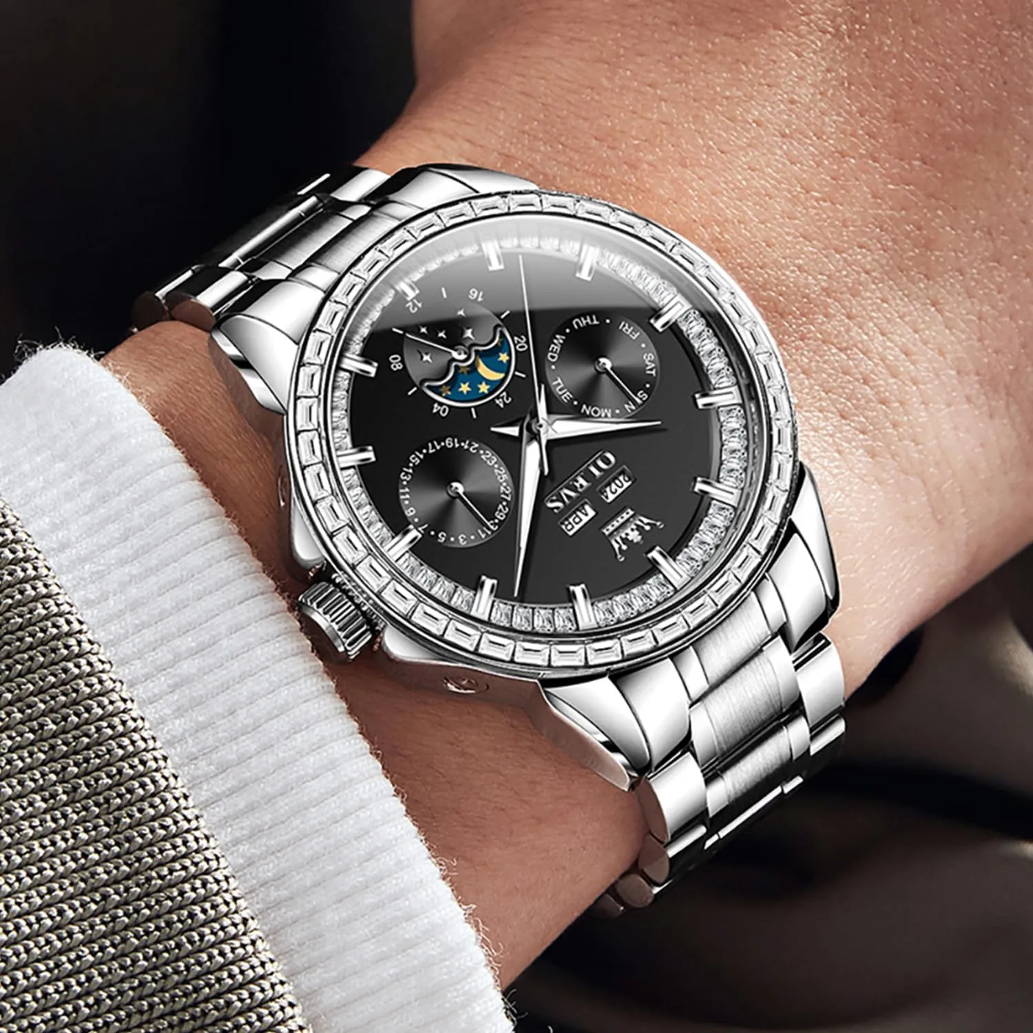 OLEVS Mens Automatic Watch 42MM Diamond Large Dial with Multi-Function Perpetual Calendar Tourbillon Mechanical Winding Watch Stainless Steel 30M Waterproof Luminous Rose Gold Watches Gift