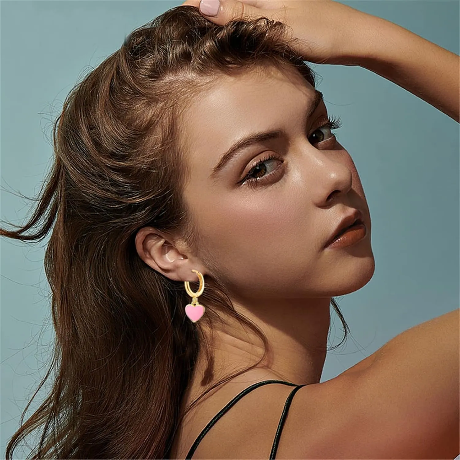 ONLYJUMP 14K Gold Plated Huggie Earrings For Women CZ Tiny Small Hoop Earrings Red Enamel Heart Ear Cuff Initial Huggies Earrings Minimal Jewelry
