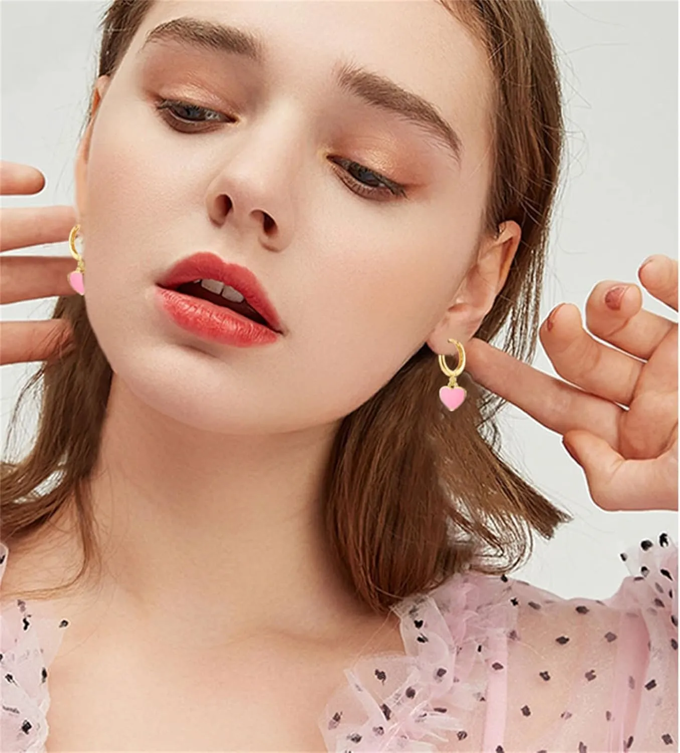 ONLYJUMP 14K Gold Plated Huggie Earrings For Women CZ Tiny Small Hoop Earrings Red Enamel Heart Ear Cuff Initial Huggies Earrings Minimal Jewelry