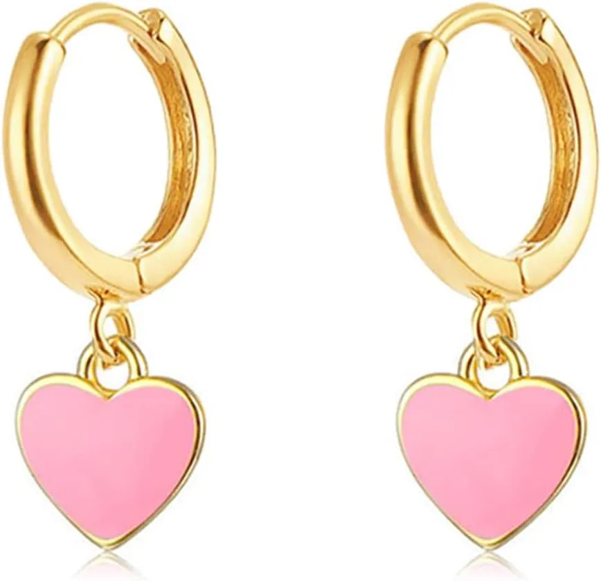 ONLYJUMP 14K Gold Plated Huggie Earrings For Women CZ Tiny Small Hoop Earrings Red Enamel Heart Ear Cuff Initial Huggies Earrings Minimal Jewelry