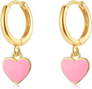 ONLYJUMP 14K Gold Plated Huggie Earrings For Women CZ Tiny Small Hoop Earrings Red Enamel Heart Ear Cuff Initial Huggies Earrings Minimal Jewelry