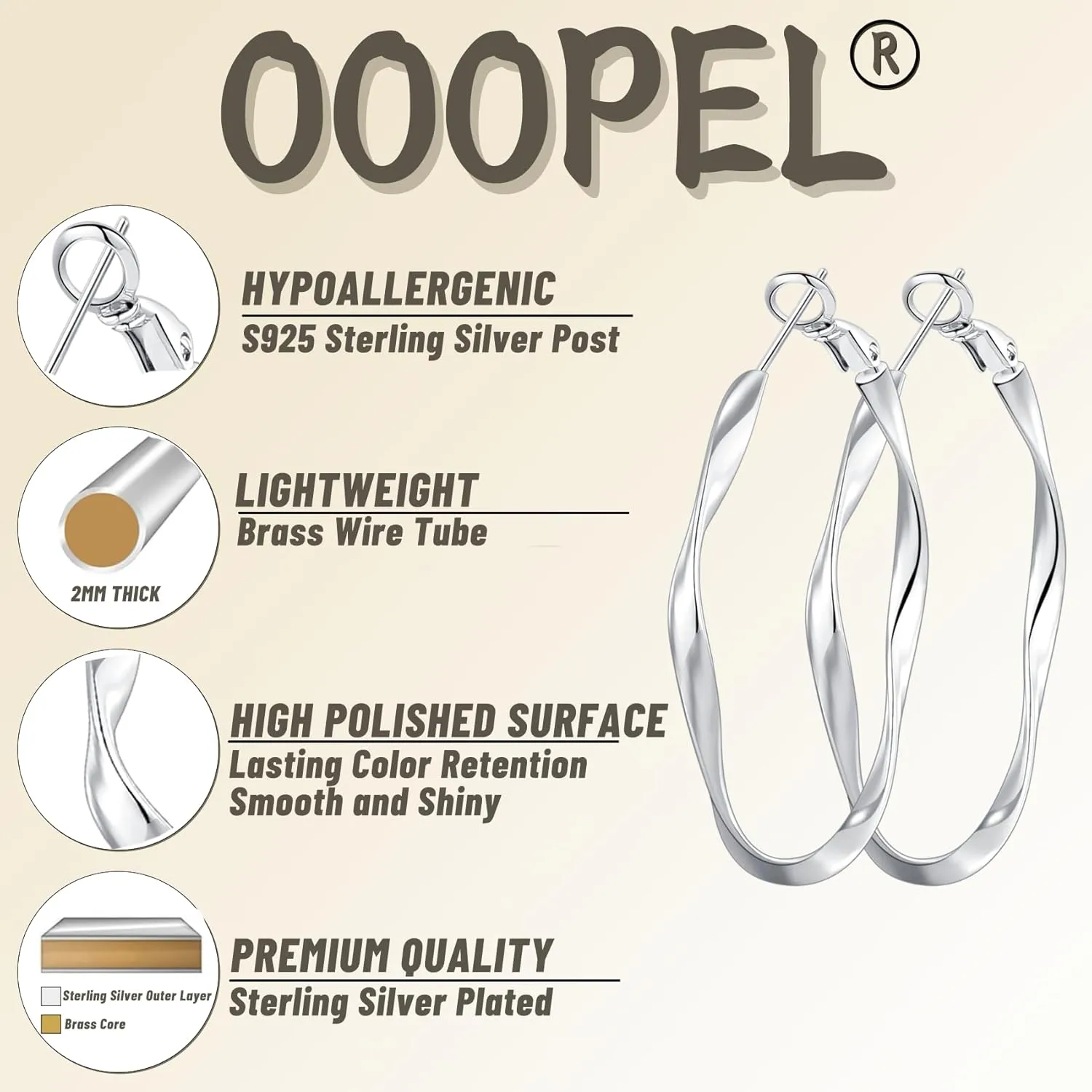 OOOPEL Gold Hoops Earrings for Women, Big 925 Sterling Silver Hoop Earrings Lightweight Hypoallergenic Sterling Silver Hoop Earrings for Women 30MM 40MM 50MM 60MM