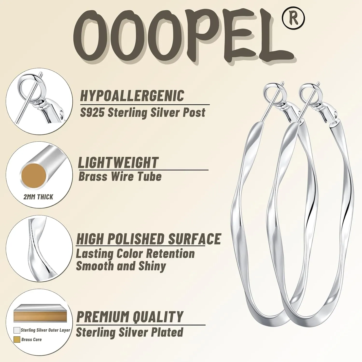 OOOPEL Gold Hoops Earrings for Women, Big 925 Sterling Silver Hoop Earrings Lightweight Hypoallergenic Sterling Silver Hoop Earrings for Women 30MM 40MM 50MM 60MM