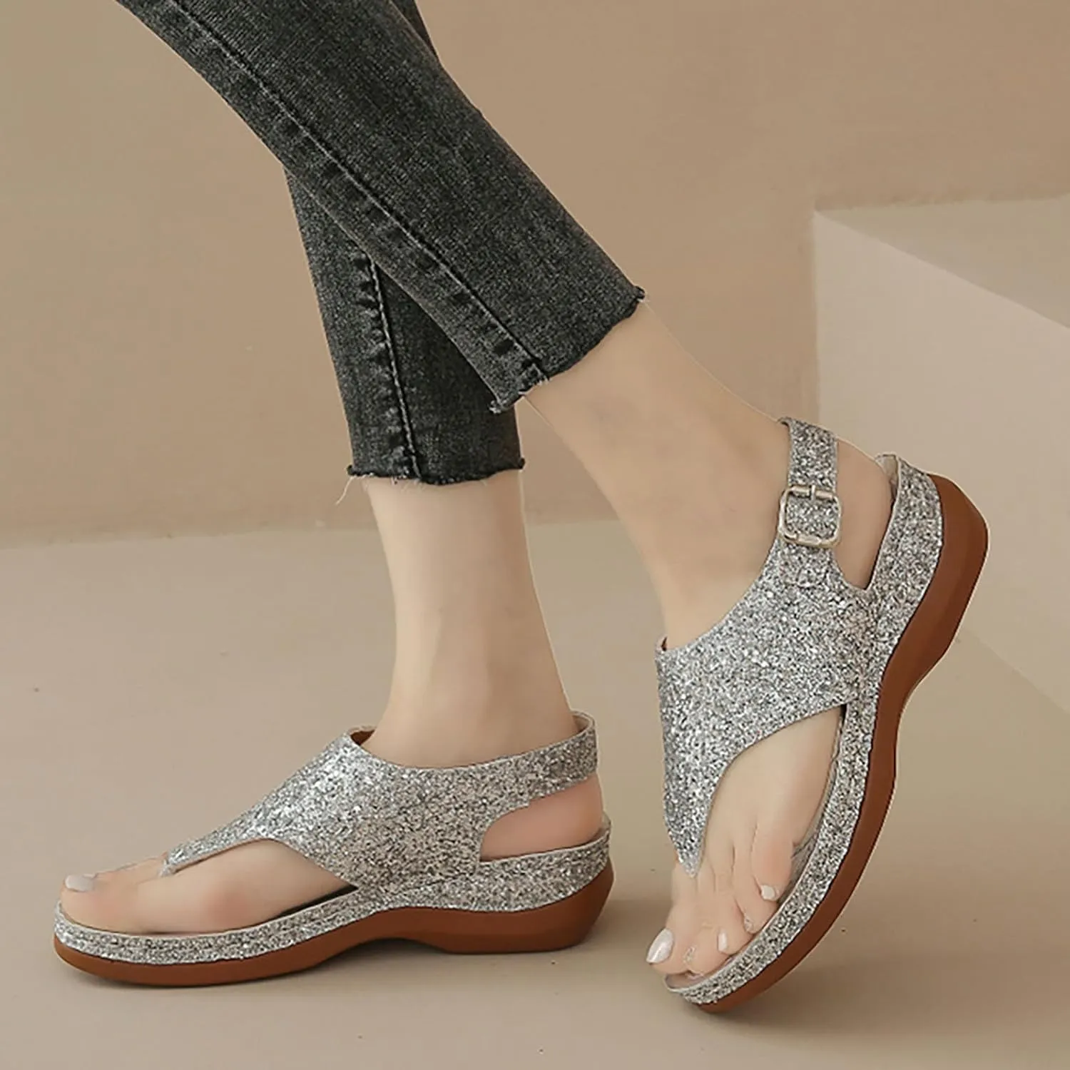 Open Toe Platform Fish Mouth Silver Ankle Strap Summer Dress Shoes Womens Arch Support Orthotic Thong Sandals