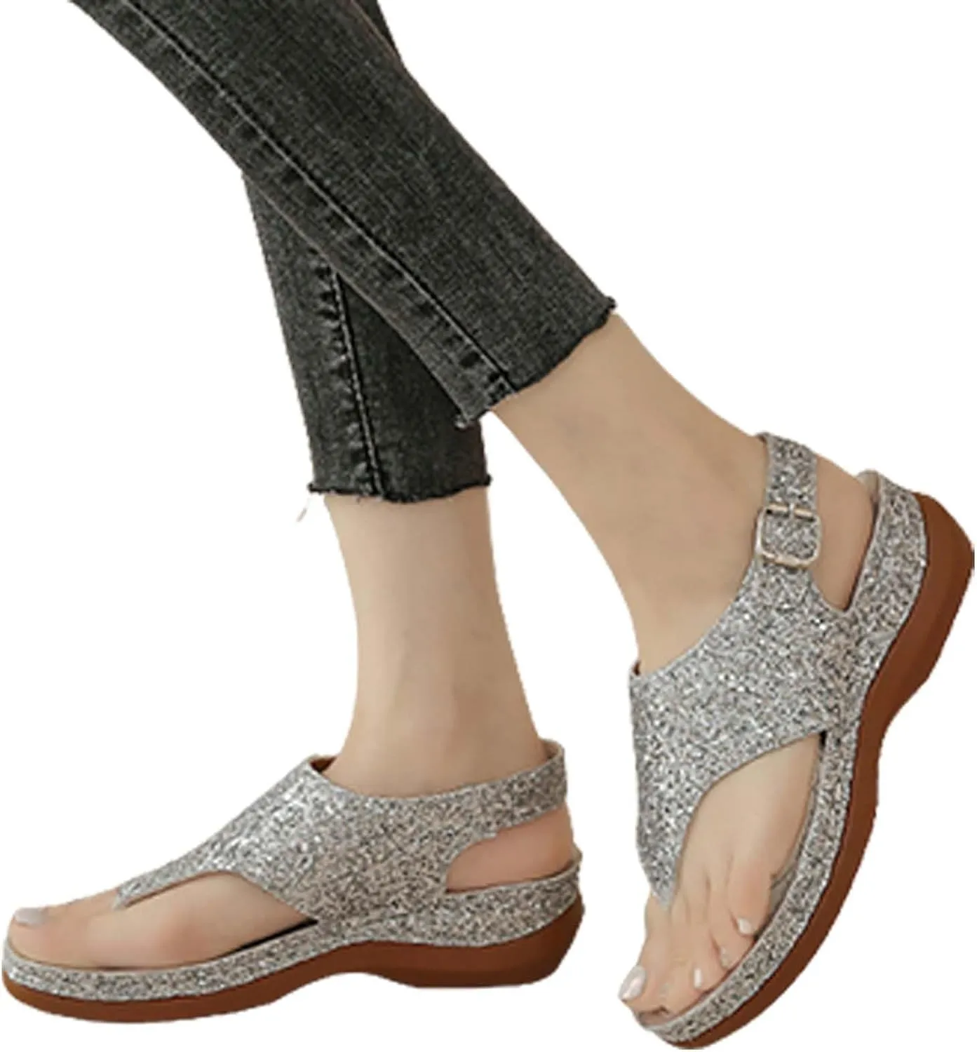 Open Toe Platform Fish Mouth Silver Ankle Strap Summer Dress Shoes Womens Arch Support Orthotic Thong Sandals