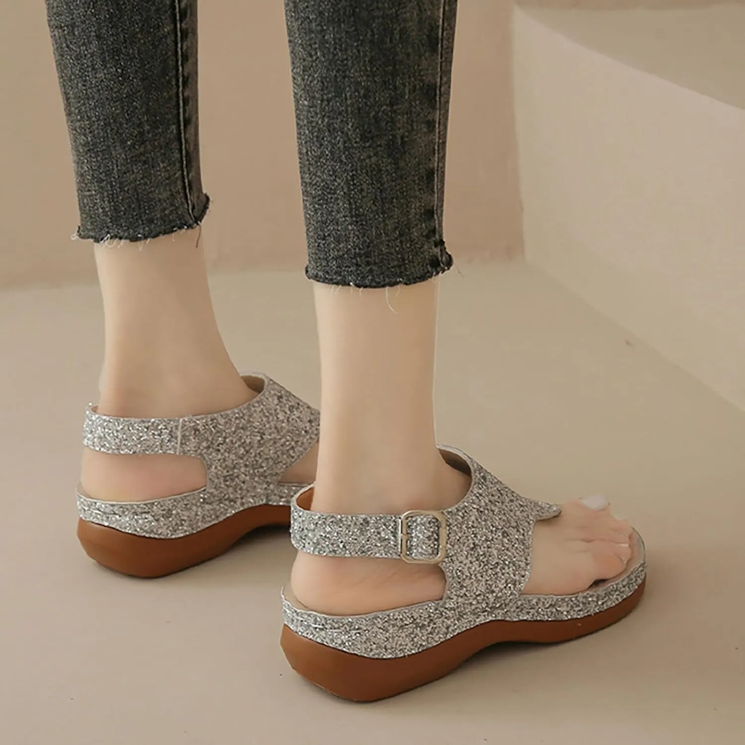 Open Toe Platform Fish Mouth Silver Ankle Strap Summer Dress Shoes Womens Arch Support Orthotic Thong Sandals