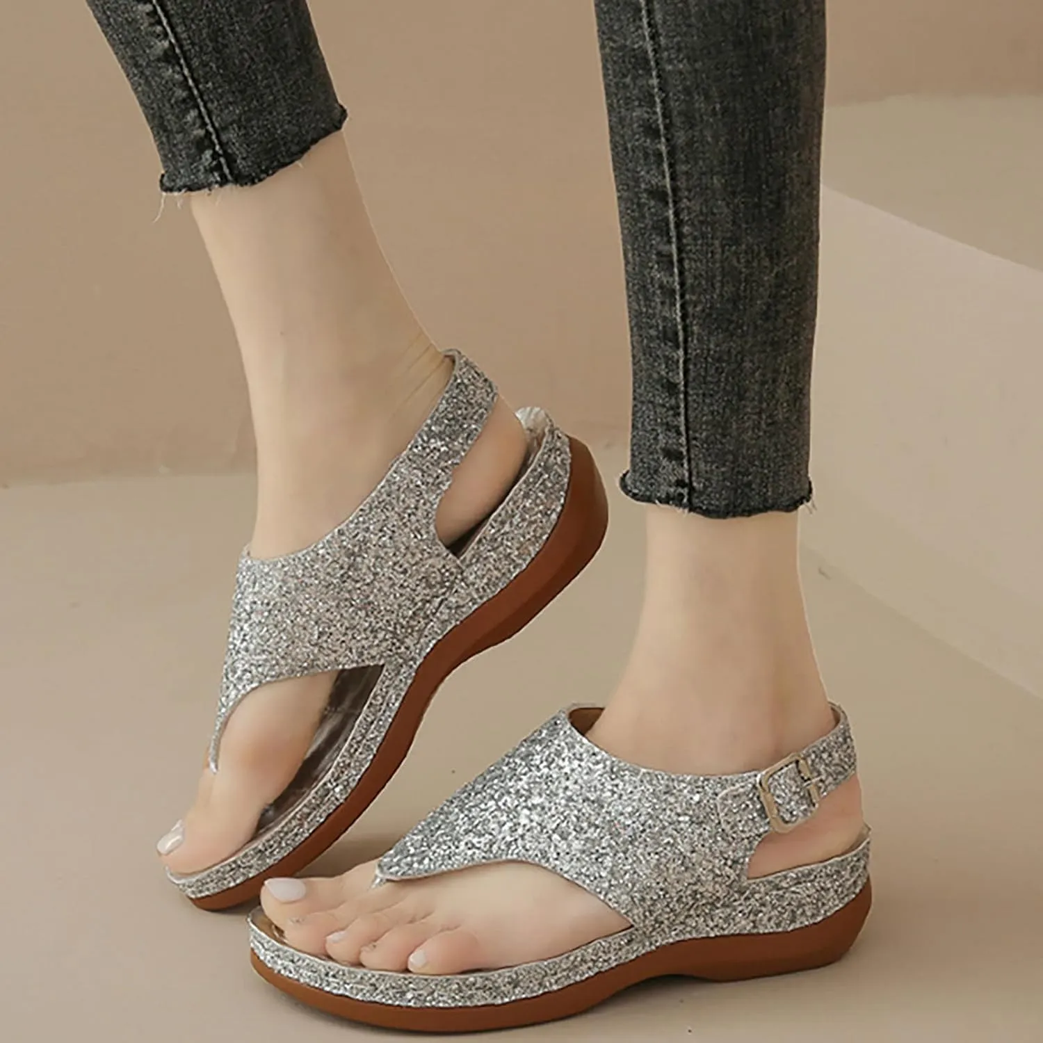 Open Toe Platform Fish Mouth Silver Ankle Strap Summer Dress Shoes Womens Arch Support Orthotic Thong Sandals