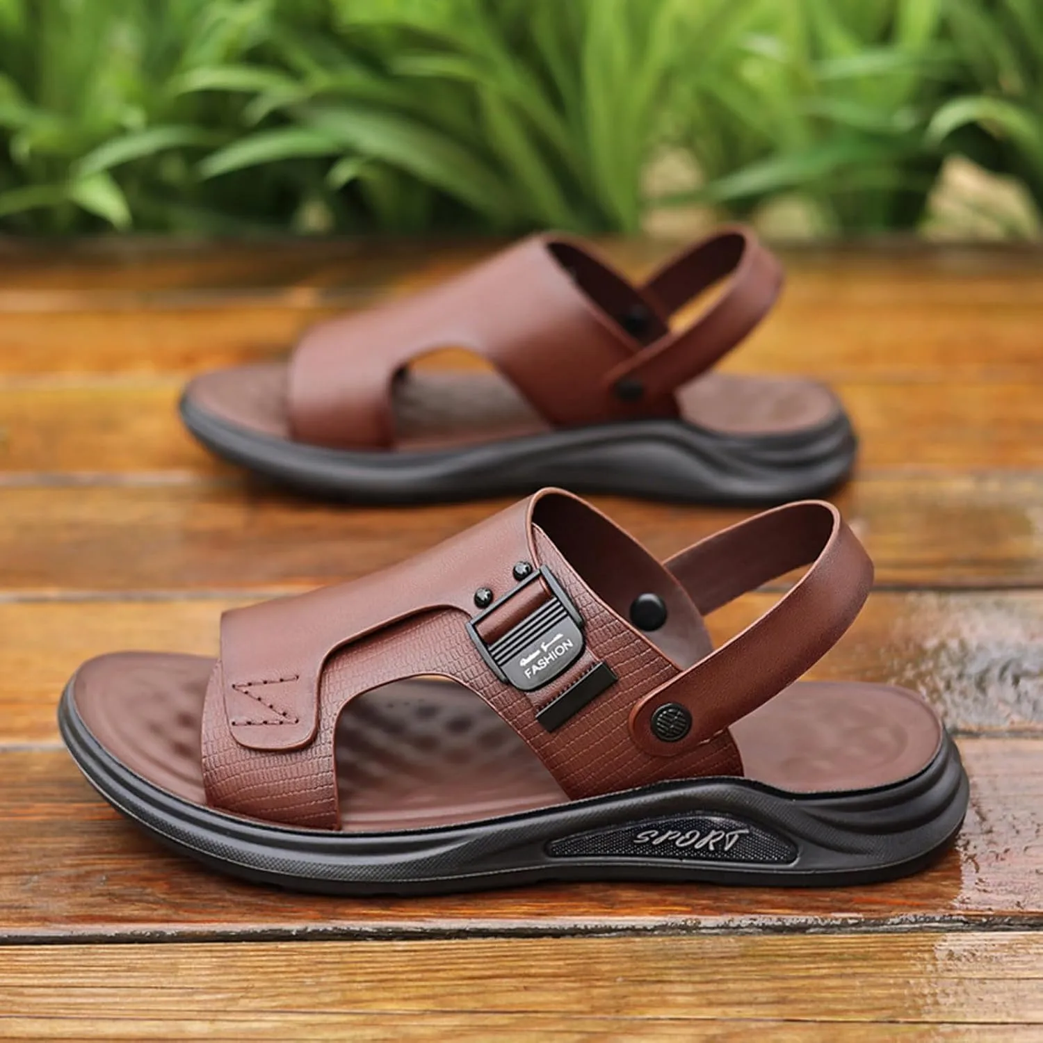 Open Toe Sandals for Men Fashion Leather Outdoor Sandal Casual Slip on Breathable Hiking Beach Slippers Walking Footwear